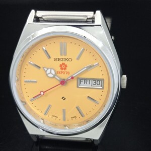 Odnowiony zegarek na rękę Seiko Expo 70 Automatic 6309a z Japonii, męski, z żółtym kolorem tarczy i przezroczystym tyłem, z datą i datą, B281-C zdjęcie 4