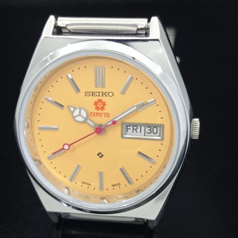 Odnowiony zegarek na rękę Seiko Expo 70 Automatic 6309a z Japonii, męski, z żółtym kolorem tarczy i przezroczystym tyłem, z datą i datą, B281-C zdjęcie 4