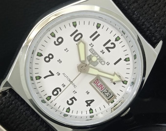 Vintage Refurbished Seiko 5 Automatic 6309a Japan Mens Day/Date White Color Dial Transparent Back Wrist Watch b364-c