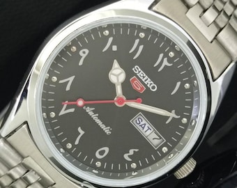 Vintage Refurbished Seiko 5 Automatic 6309a Japan Mens Day/Date Arabic Black Color Dial Transparent back Wrist Watch b146-c