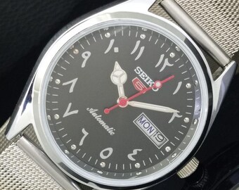 Vintage Refurbished Seiko 5 Automatic 6309a Japan Mens Day/Date Arabic Black Color Dial Transparent back Wrist Watch b94-c