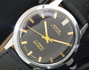 Vintage Montine Hand-Winding Swiss Mens Refurbished Black Color Dial Watch B82-1