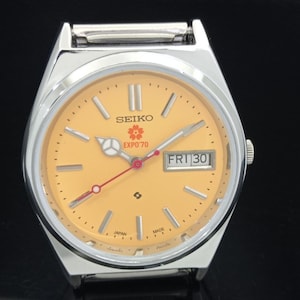 Odnowiony zegarek na rękę Seiko Expo 70 Automatic 6309a z Japonii, męski, z żółtym kolorem tarczy i przezroczystym tyłem, z datą i datą, B281-C zdjęcie 5
