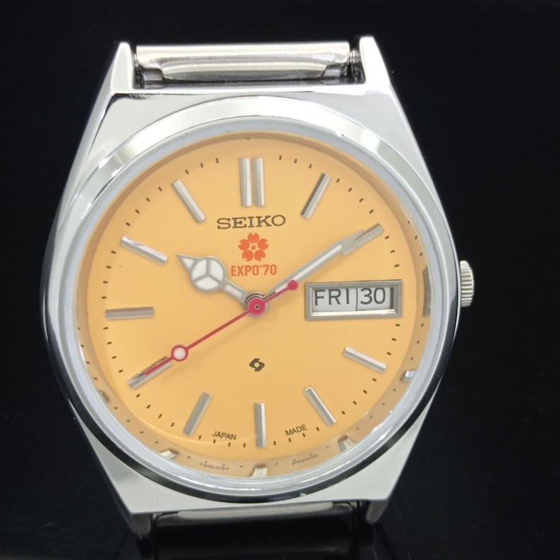 Odnowiony zegarek na rękę Seiko Expo 70 Automatic 6309a z Japonii, męski, z żółtym kolorem tarczy i przezroczystym tyłem, z datą i datą, B281-C zdjęcie 5