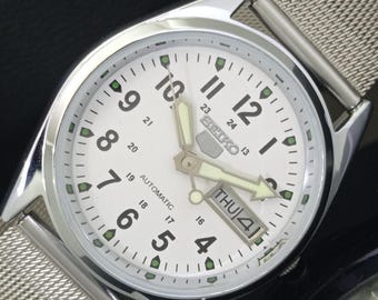 Vintage Refurbished Seiko 5 Automatic 6309a Japan Mens Day/Date White Color Dial Transparent Back Wrist Watch b351-c