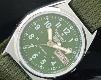 Vintage Refurbished Seiko 5 Automatic 6309a Japan Mens Day/Date Green Color Dial Transparent Back Wrist Watch b368-c