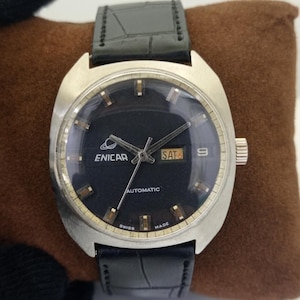 Vintage Enicar Automatic 1147 Swiss Mens Black Color Dial Day/Date Watch B700145-1