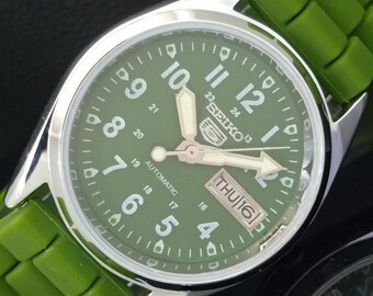 Vintage Refurbished Seiko 5 Automatic 6309a Japan Mens Day/Date Green Color Dial Transparent Back Wrist Watch b357-c