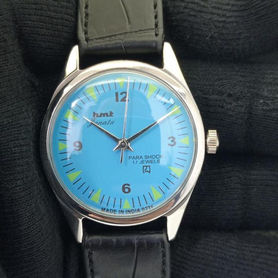 Hand-winding Vintage Hmt Janata Indian Mens Sky Blue Color Dial