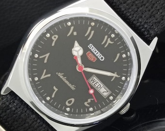 Vintage Refurbished Seiko 5 Automatic 6309a Japan Mens Day/Date Arabic Black Color Dial Transparent back Wrist Watch b196-c