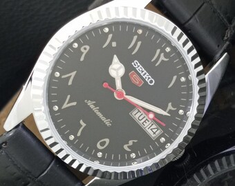 Vintage Refurbished Seiko 5 Automatic 6309a Japan Mens Day/Date Arabic Black Color Dial Transparent back Wrist Watch b226-c