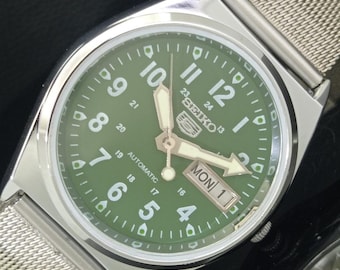 Vintage Refurbished Seiko 5 Automatic 6309a Japan Mens Day/Date Green Color Dial Transparent Back Wrist Watch b378-c