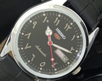 Vintage Refurbished Seiko 5 Automatic 6309a Japan Mens Day/Date Arabic Black Color Dial Transparent back Wrist Watch b98-c