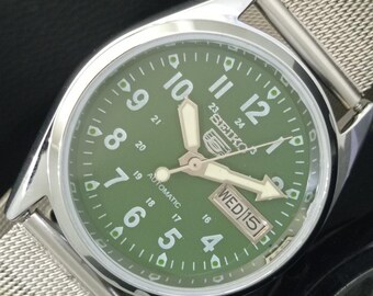 Vintage Refurbished Seiko 5 Automatic 6309a Japan Mens Day/Date Green Color Dial Transparent Back Wrist Watch b352-c