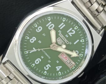 Vintage Refurbished Seiko 5 Automatic 6309a Japan Mens Day/Date Green Color Dial Transparent Back Wrist Watch b373-c