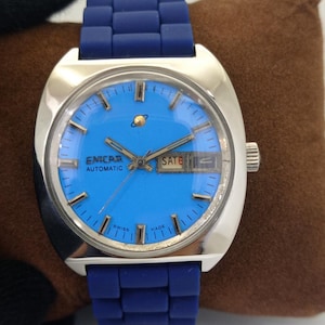 Vintage Enicar Automatic Swiss Mens Blue Color Dial Day/Date Watch B700144-1