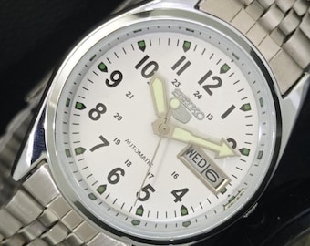 Vintage Refurbished Seiko 5 Automatic 6309a Japan Mens Day/Date White Color Dial Transparent Back Wrist Watch b361-c