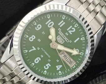 Vintage Refurbished Seiko 5 Automatic 6309a Japan Mens Day/Date Green Color Dial Transparent Back Wrist Watch b308-c