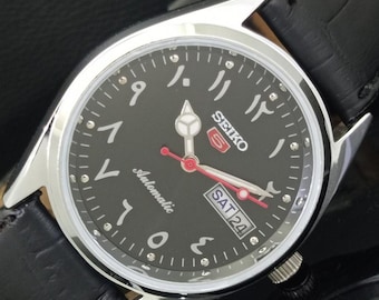 Vintage Refurbished Seiko 5 Automatic 6309a Japan Mens Day/Date Arabic Black Color Dial Transparent back Wrist Watch b104-c