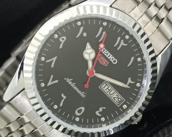 Vintage Refurbished Seiko 5 Automatic 6309a Japan Mens Day/Date Arabic Black Color Dial Transparent back Wrist Watch b263-c
