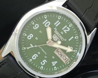 Vintage Refurbished Seiko 5 Automatic 6309a Japan Mens Day/Date Green Color Dial Transparent Back Wrist Watch b340-c