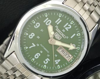 Vintage Refurbished Seiko 5 Automatic 6309a Japan Mens Day/Date Green Color Dial Transparent Back Wrist Watch b362-c