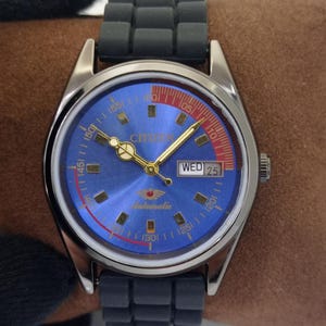 Vintage Refurbished Citizen Automatic 8200 Japan Mens Blue Dial Day/Date Watch B700176-1