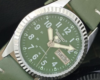 Vintage Refurbished Seiko 5 Automatic 6309a Japan Mens Day/Date Green Color Dial Transparent Back Wrist Watch b324-c