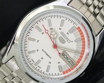 Vintage Refurbished Seiko 5 Automatic 6309a Japan Mens Day/Date White Color Dial Transparent Back Wrist Watch b403-c