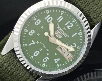 Vintage Refurbished Seiko 5 Automatic 6309a Japan Mens Day/Date Green Color Dial Transparent Back Wrist Watch b329-c