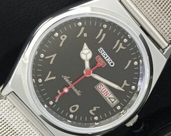 Vintage Refurbished Seiko 5 Automatic 6309a Japan Mens Day/Date Arabic Black Color Dial Transparent back Wrist Watch b174-c