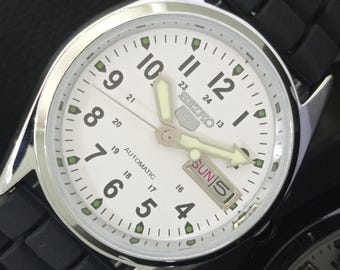 Vintage Refurbished Seiko 5 Automatic 6309a Japan Mens Day/Date White Color Dial Transparent Back Wrist Watch b356-c