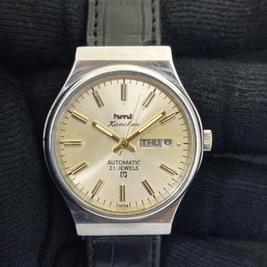 Vintage Hmt Kanchan 6501 Automatic Day/Date Indian Mens Golden Color Dial Watch B700128-1