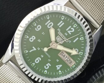 Vintage Refurbished Seiko 5 Automatic 6309a Japan Mens Day/Date Green Color Dial Transparent Back Wrist Watch b313-c