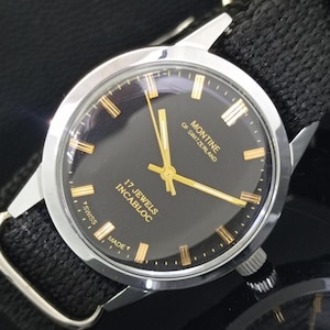 Vintage Montine handuppdragen schweizisk herrklocka med svart urtavla, renoverad, B78-1