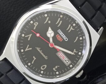 Vintage Refurbished Seiko 5 Automatic 6309a Japan Mens Day/Date Arabic Black Color Dial Transparent back Wrist Watch b169-c