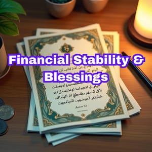 May include: A stack of certificates with ornate borders and Arabic script, with the words "Financial Stability & Blessings" in purple and white text. Coins, a pen, a small potted plant, and a lit candle are also visible.
