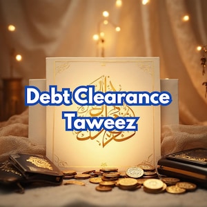 May include: A lit candle and decorative objects are in the background. The foreground features a display with the words "Debt Clearance Taweez" in blue and gold. Gold coins and a book are also visible.