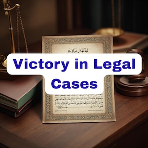 May include: An image featuring a gavel, scales of justice, and a document with Arabic script. The text "Victory in Legal Cases" is prominently displayed in a blue and white speech bubble, suggesting a legal or law-related theme.