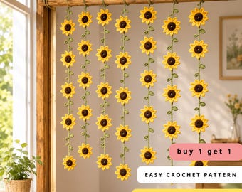 Buy 1 Get 1 Gehaakt zonnebloemgordijnpatroon pdf, amigurumi bloemenslingergordijn, doe-het-zelf raamdecoratie, eenvoudig en vriendelijk downloaden