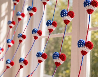 Gehaakt patriottisch hart gordijnpatroon pdf, hangende slinger 4 juli, DIY, raamdecoratie Independence Day