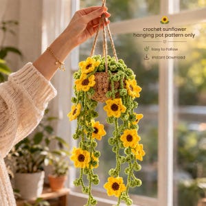 Crochet Sunflower Hanging Pot Pattern PDF, Amigurumi Flower Planter Tutorial, Easy DIY Fall Decor, Instant Digital Download