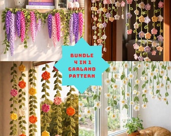 Bundel 4-in-1 haakpatroon pdf, amigurumi zomerbloemenslingergordijn, DIY boho-raamdecor, beginnersvriendelijke tutorial