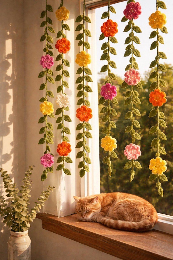Crochet Boho Flower Garland Pattern PDF, Hanging Floral Curtain DIY Window Decor, Crochet Vines Pattern, Beginner Friendly Gift Idea