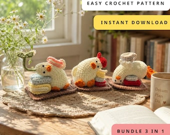 Bundel met 3-in-1 eend gehaakt patroon | Amigurumi-eend pdf-zelfstudie | Bestand direct downloaden