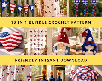10-in-1 BUNDEL Gehaakt patriottisch patroon PDF, amigurumi hangende 4 juli-slinger DIY-zelfstudie, Independence Day-feestdecor