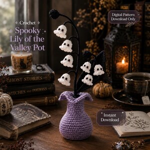 Schema per uncinetto di mughetto spettrale, schema per vaso di fiori fantasma, amigurumi di Halloween, download digitale in PDF immediato