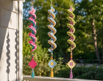 Patroon pdf haak windspinner, hangend haakpatroon spiraal twister, boho veranda decor, instant download