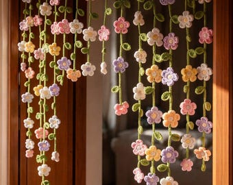 Patroon gehaakte bloemenslinger pdf, hangend bloemengordijn DIY, boho raamdecoratie, zomer haakpatroon, beginnersvriendelijk cadeau-idee