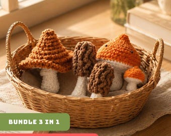 3-in-1 gehaakt paddestoelpatroon pdf-bundel, amigurumi bospaddestoelen zelfstudie, paddenstoelbos decor, instant download